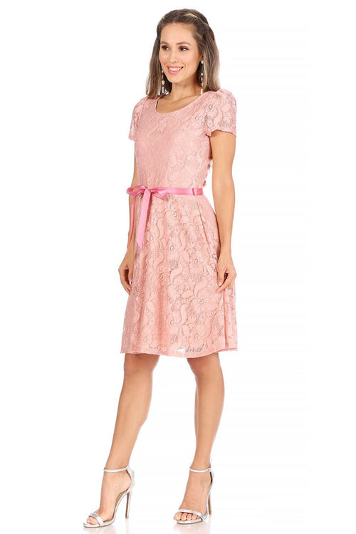 MOA COLLECTION - Women's Lace Short Sleeve A-Line Midi Dress