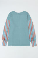 Khaki Colorblock Striped Bishop Sleeve Side Slits Top