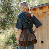 Young Threads - Front-Open Hooded Denim Shirt with Playful Mixed Ruffles