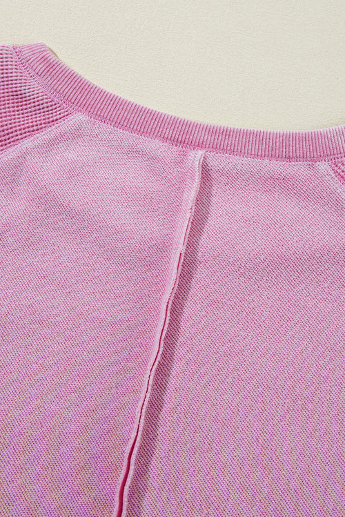 Orchid Petal Waffle Patchwork Raglan Sleeve Exposed Seam Sweatshirt