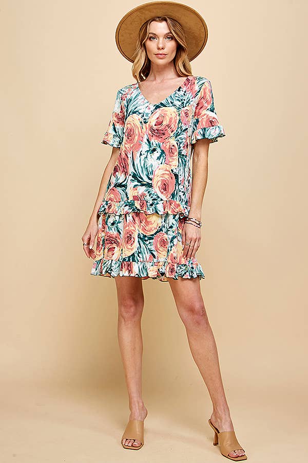 Shopin LA - SD21025-1011 - WOMEN FLORAL SHORT SLV MIDI DRESS WITH RUFFLE
