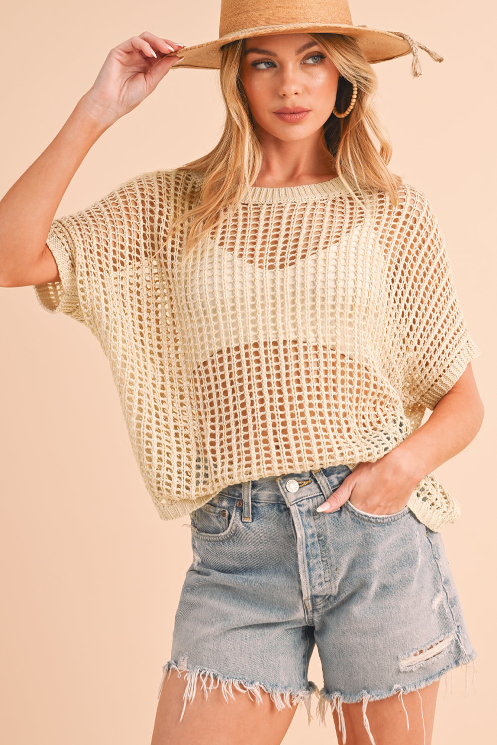 Apricot Fishnet Knit Ribbed Round Neck Short Sleeve Tee