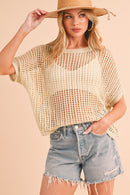 Apricot Fishnet Knit Ribbed Round Neck Short Sleeve Tee