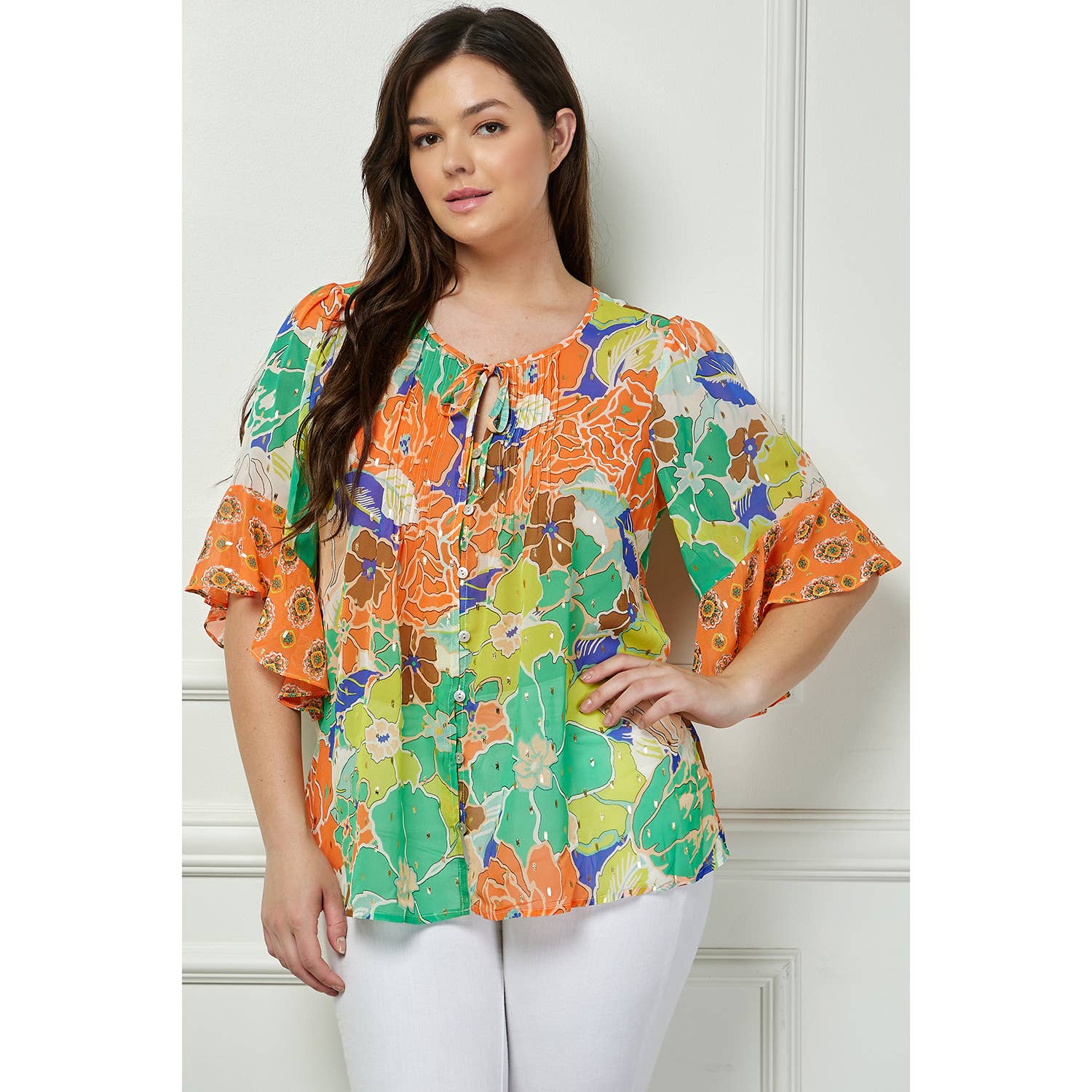 Winslow Collection - PLUS SIZE SHEER PRINTED PEASANT BLOUSE COU95L78X