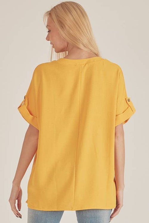 Shopin LA - SPT5211. WOMEN SHORT BUTTON SLEEVE FRONT SLIT LOOSE FIT TOP