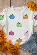 White Sequin Pumpkin Patched Cotton Blend T Shirt