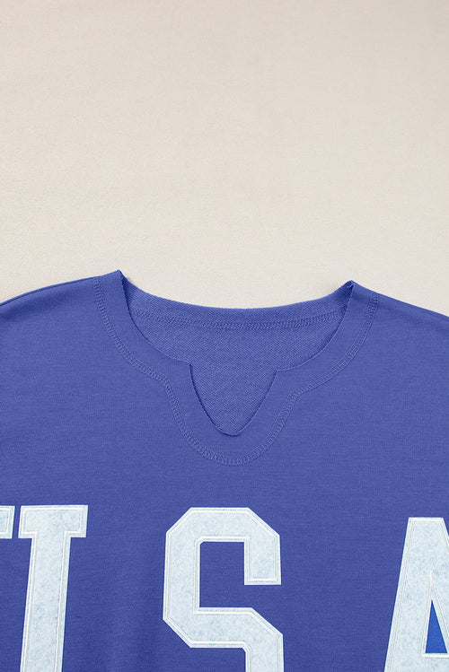 Light Grey USA Letter Patch Notched Neck Loose Tee