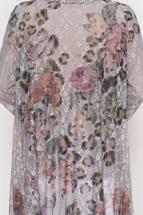 Origami Apparel ~  Lace and Crochet inspired - Lightweight Floral Lace Ruffle Duster With Sparkles - 4849GREY LEO FL