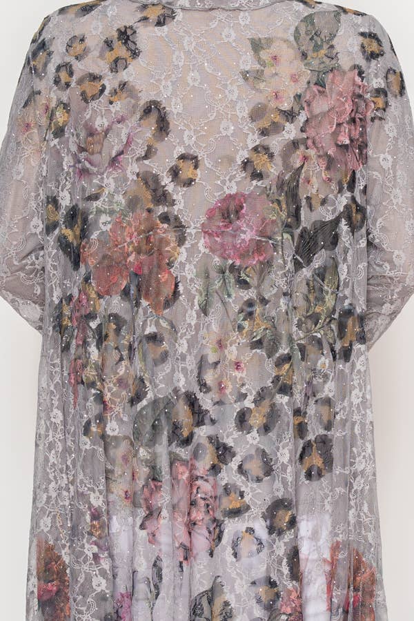 Origami Apparel ~  Lace and Crochet inspired - Lightweight Floral Lace Ruffle Duster With Sparkles - 4849GREY LEO FL