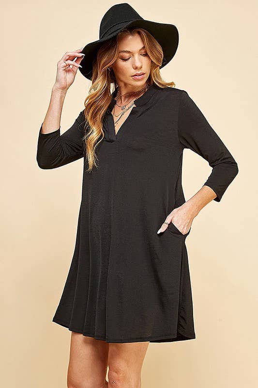 Shopin LA - Q2019D- WOMEN SOLID 3/4 SLEEVE MOCK V NECK TUNIC DRESS