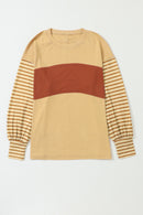 Khaki Colorblock Striped Bishop Sleeve Side Slits Top