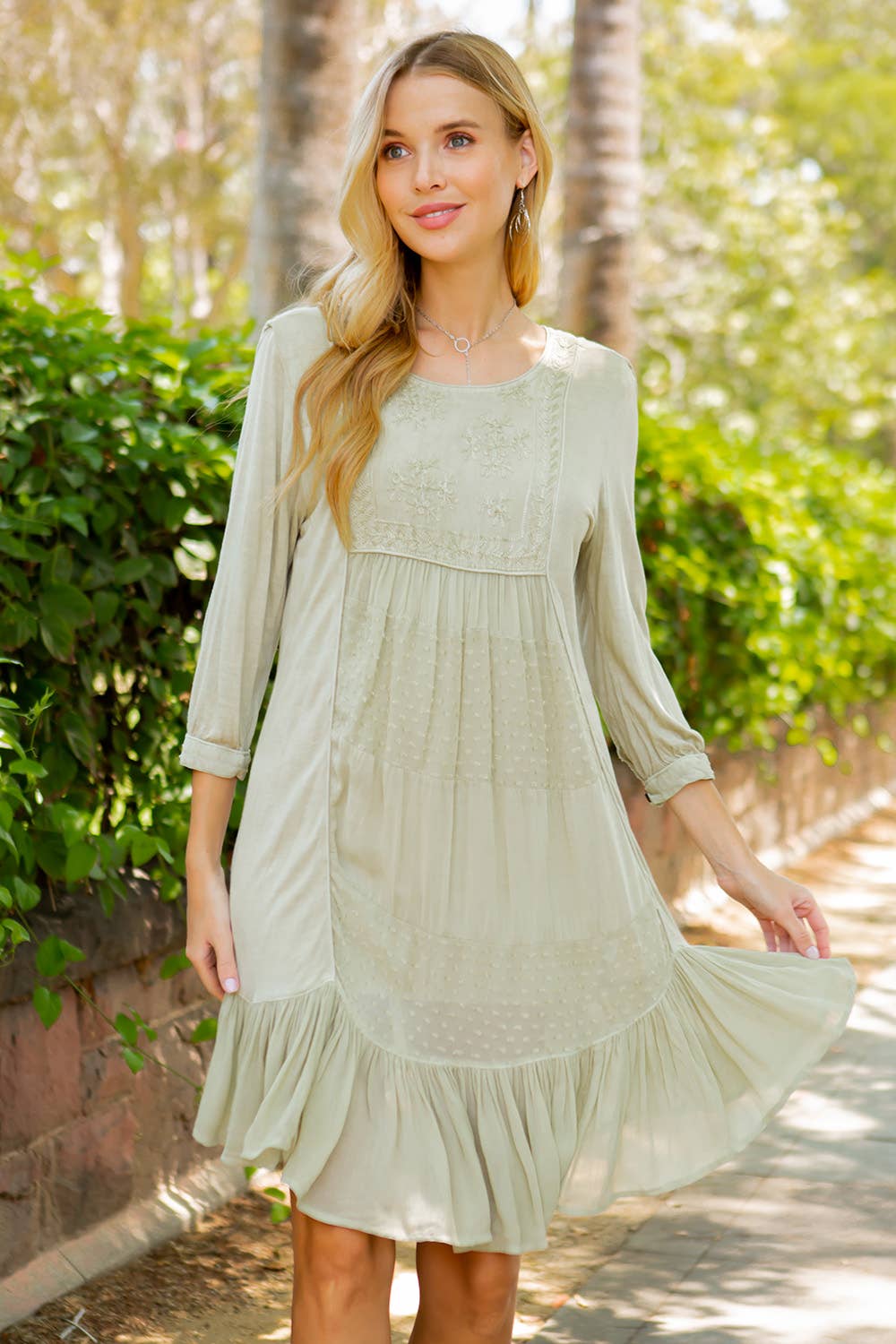 Young Threads - Women’s 3/4 Sleeve Round Neck Embroidered Boho Western Dress