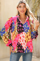 Orange Leopard Print Puff Sleeve Crinkle Blouse