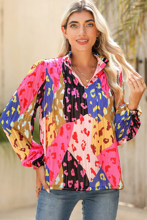 Orange Leopard Print Puff Sleeve Crinkle Blouse