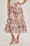 Bluivy - FLORAL RUFFLED MESH MIDI SKIRT