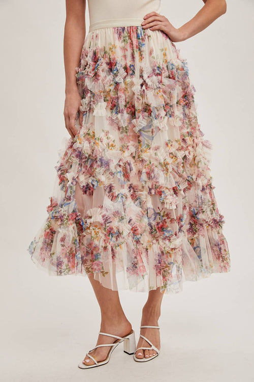Bluivy - FLORAL RUFFLED MESH MIDI SKIRT