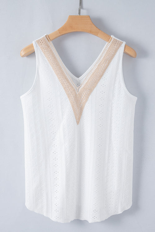 White Lace Crochet Splicing Eyelet V Neck Tank Top