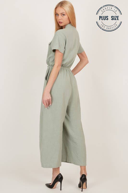 Shopin LA - CSP9220P - PLUS BUTTON UP FRONT POCKET COLLARED JUMPSUIT