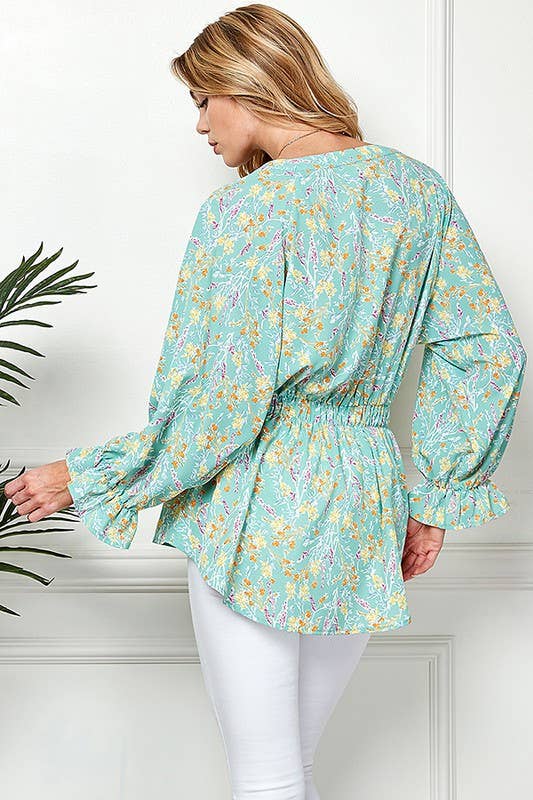 Shopin LA - CSP9143. - WOMEN MULTI COLOR RUFFLE DRAWSTRING BUTTON TOP