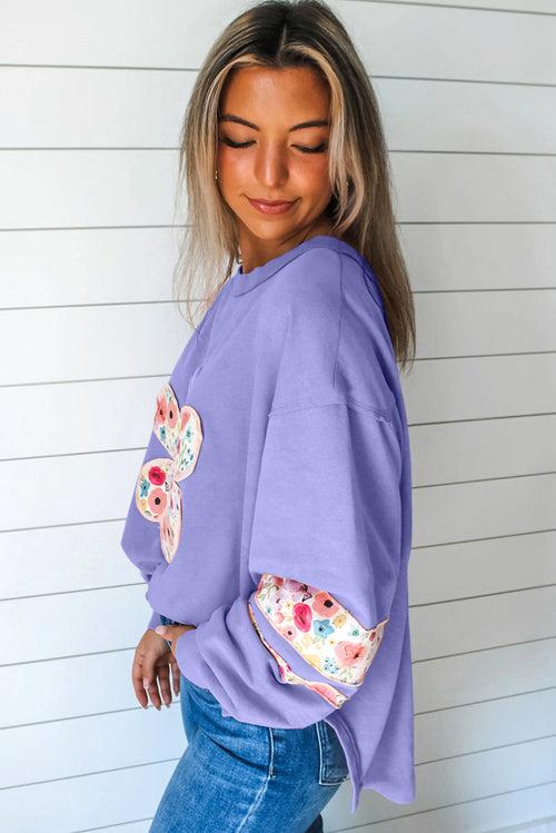 Peach Blossom Flower Applique Patchwork Drop Sleeve Pullover Sweatshirt