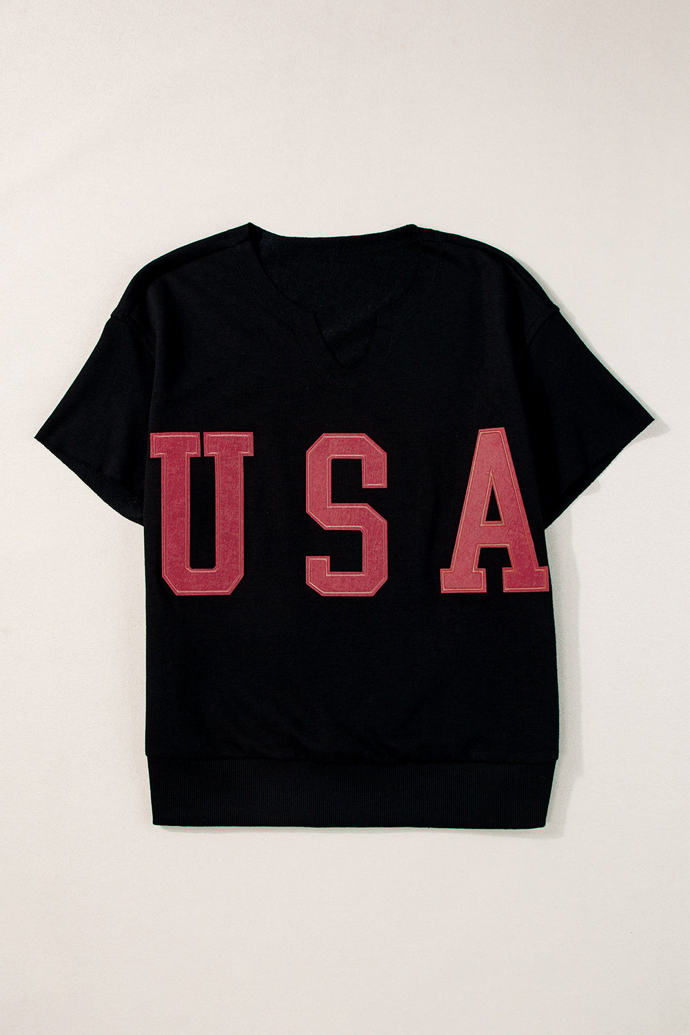 Light Grey USA Letter Patch Notched Neck Loose Tee