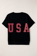 Light Grey USA Letter Patch Notched Neck Loose Tee