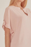 Shopin LA - SPT5211. WOMEN SHORT BUTTON SLEEVE FRONT SLIT LOOSE FIT TOP