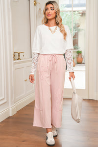 Pink Flower Patch Mineral Washed Cropped Wide Leg Pants