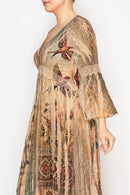 Origami Apparel ~  Lace and Crochet inspired - Romantic Lace Bell-Sleeved A-Line Midi Dress - 4658TP VINT BIRD