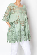 Origami Apparel ~  Lace and Crochet inspired - Boho Flowy Textured Lace Crochet Tunic Top - 4516SAGE