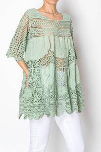 Origami Apparel ~  Lace and Crochet inspired - Boho Flowy Textured Lace Crochet Tunic Top - 4516SAGE