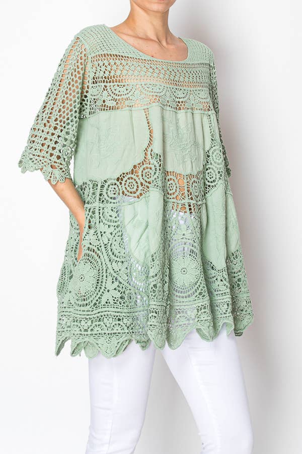 Origami Apparel ~  Lace and Crochet inspired - Boho Flowy Textured Lace Crochet Tunic Top - 4516SAGE