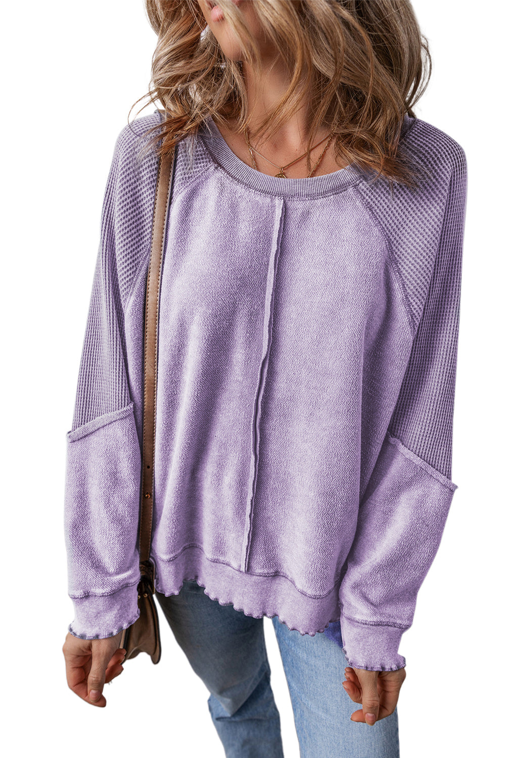 Orchid Petal Waffle Patchwork Raglan Sleeve Exposed Seam Sweatshirt