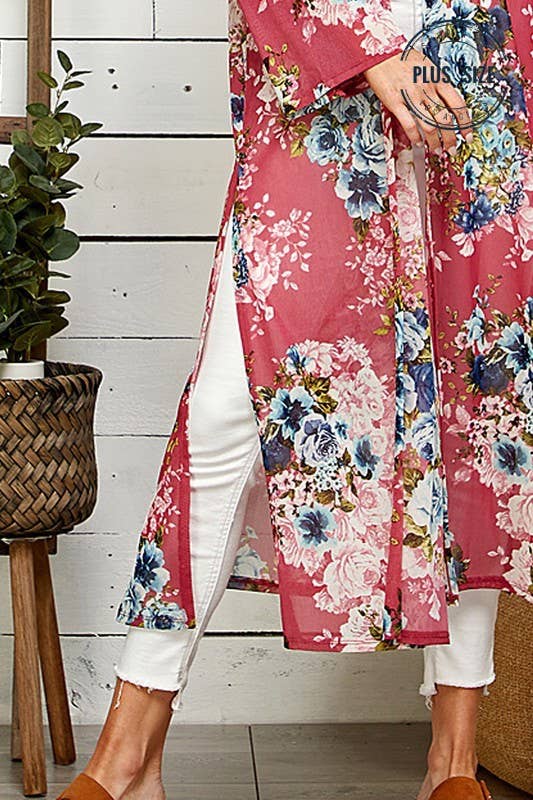 Shopin LA - SG21050AP - PLUS FLORAL PRINT MESH KIMONO WITH SIDE SLIT