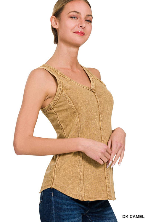 42POPS - `.SI-25350 Washed Raw Edge V Neck Sleeveless Top