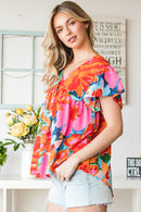 Sky Blue Boho Abstract Print V Neck Flutter Sleeve Blouse