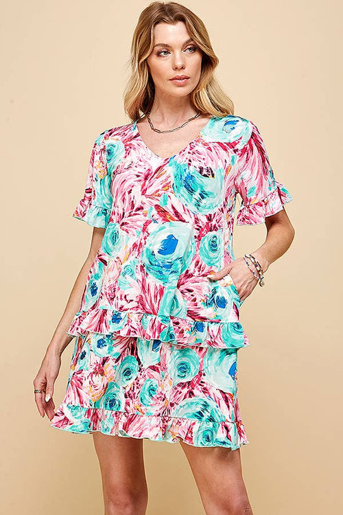 Shopin LA - SD21025-1011 - WOMEN FLORAL SHORT SLV MIDI DRESS WITH RUFFLE