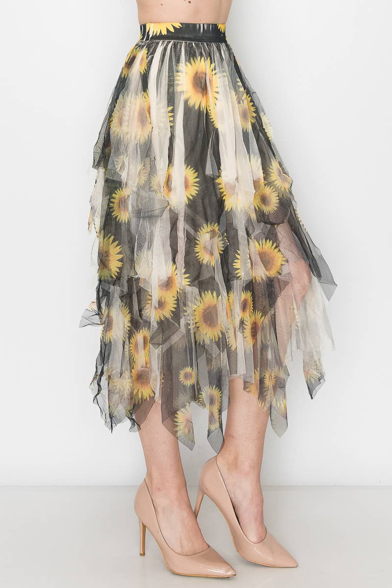 Origami Apparel ~  Lace and Crochet inspired - Dreamy Tiered Tulle Midi Skirt With Floaty Hem - 4546 BG/BK SUN FL