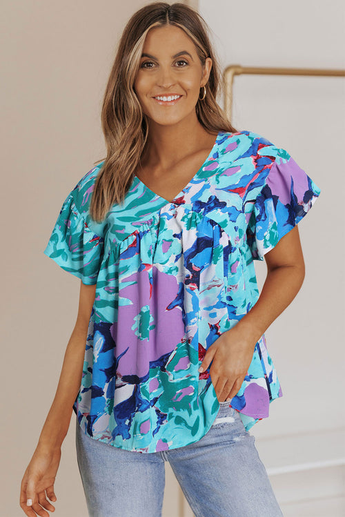 Sky Blue Boho Abstract Print V Neck Flutter Sleeve Blouse