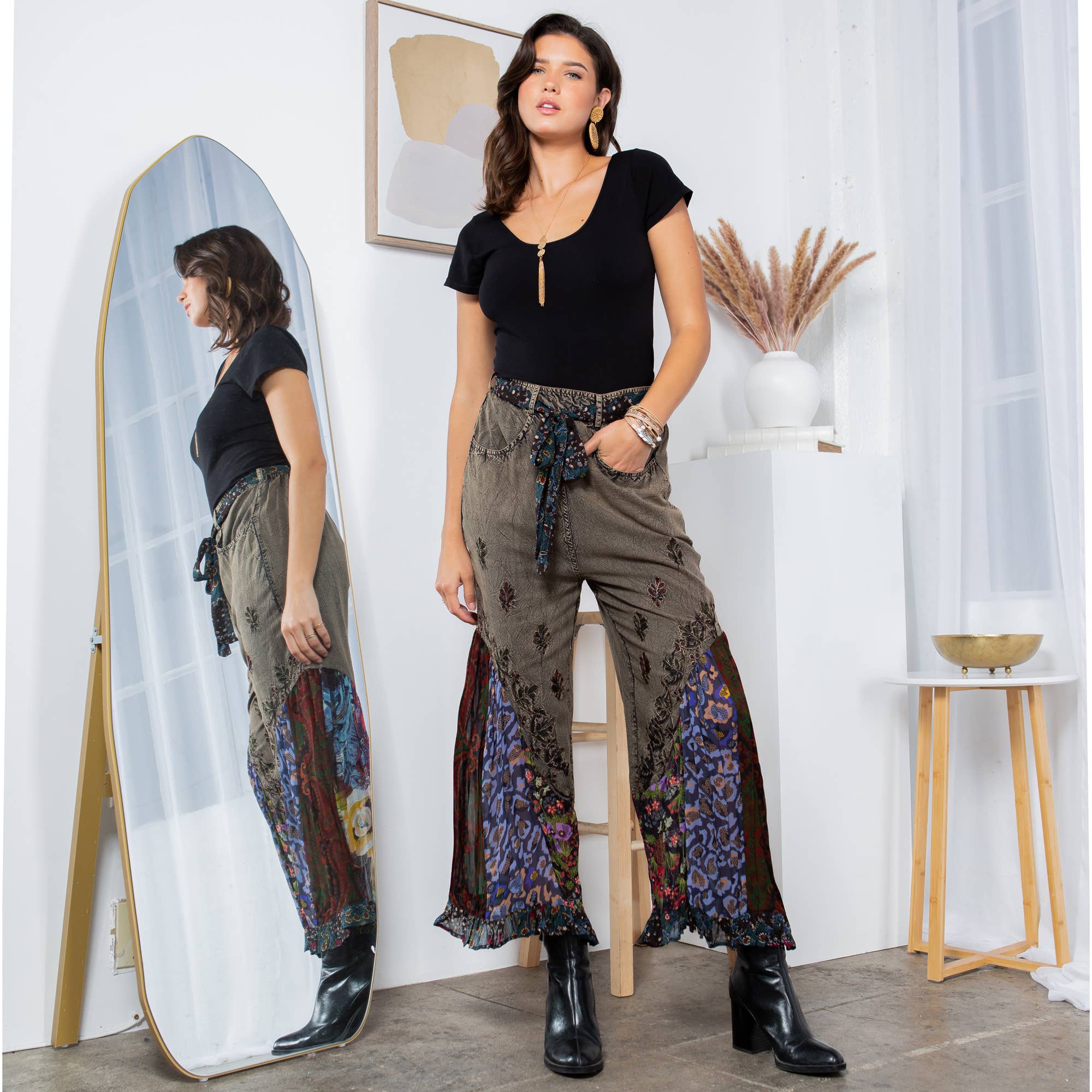 Young Threads - Boho Overdyed Rayon Bellbottom Pants : Gravel / PLUS (XL-1X-2X-3X 1-2-2-1)