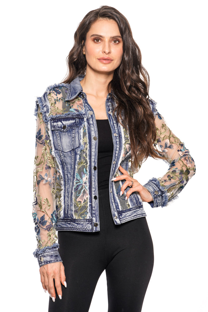 Adore Floral Denim and Lace Embroidered Jacket A7217-87 Blue