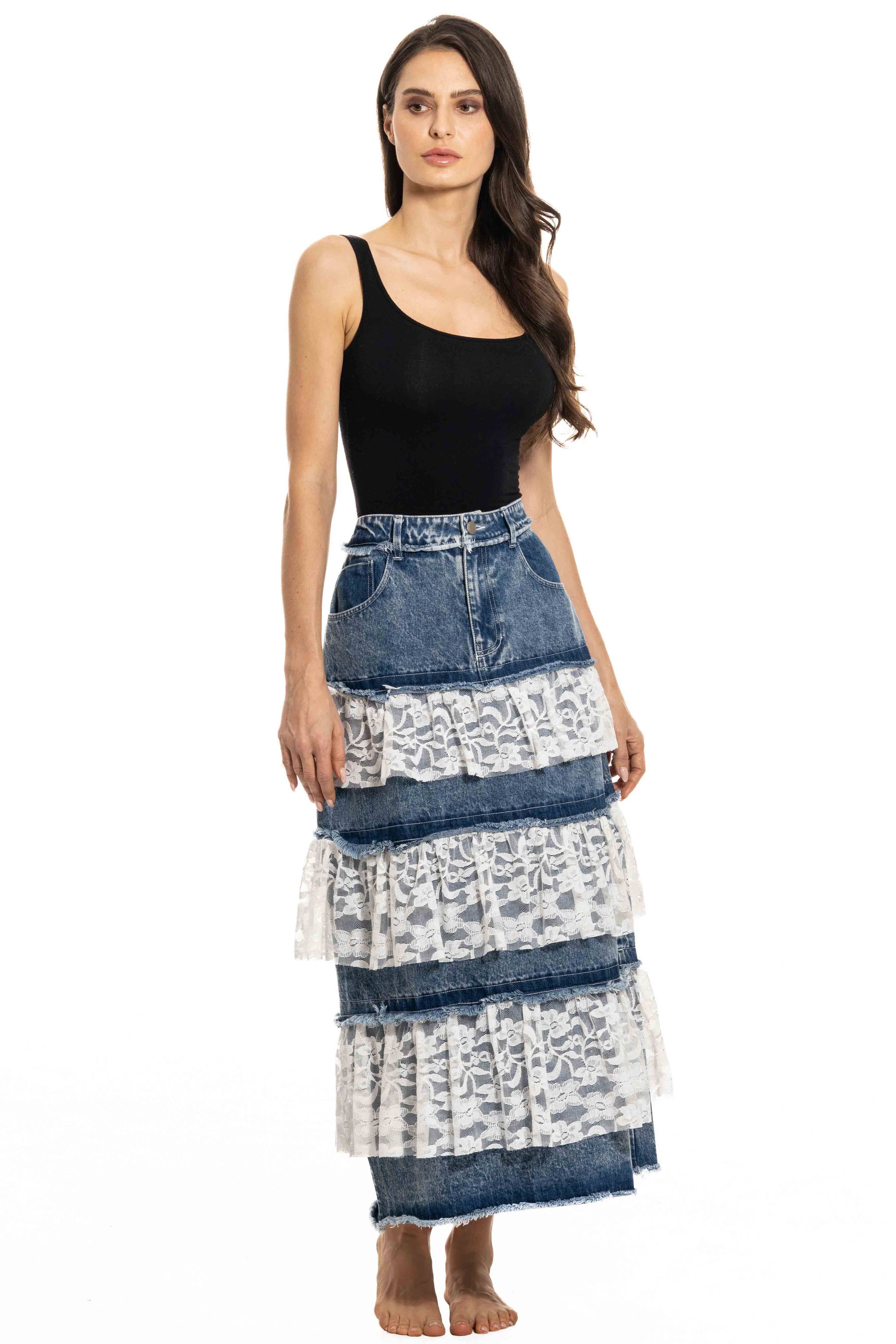 Adore - BA-12 - Denim and Lace Maxi Skirt