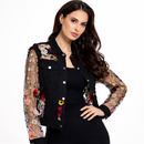 Adore Floral Embroidered Sheer Sleeve Black Denim Jacket 2406B