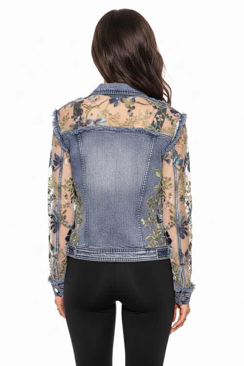 Adore Floral Denim and Lace Embroidered Jacket A7217-87 Blue