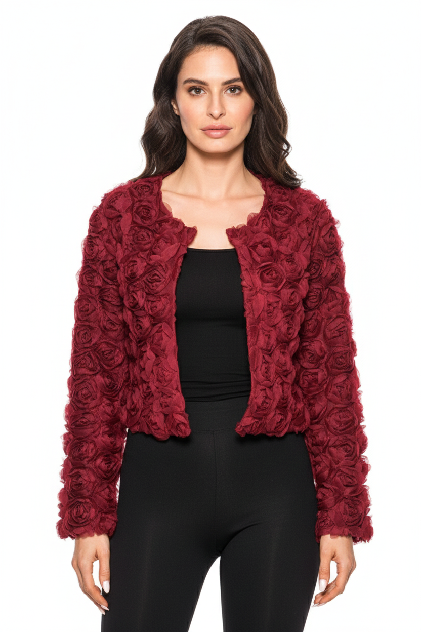 Adore Burgundy Cropped Lace Jacket with Rose Design