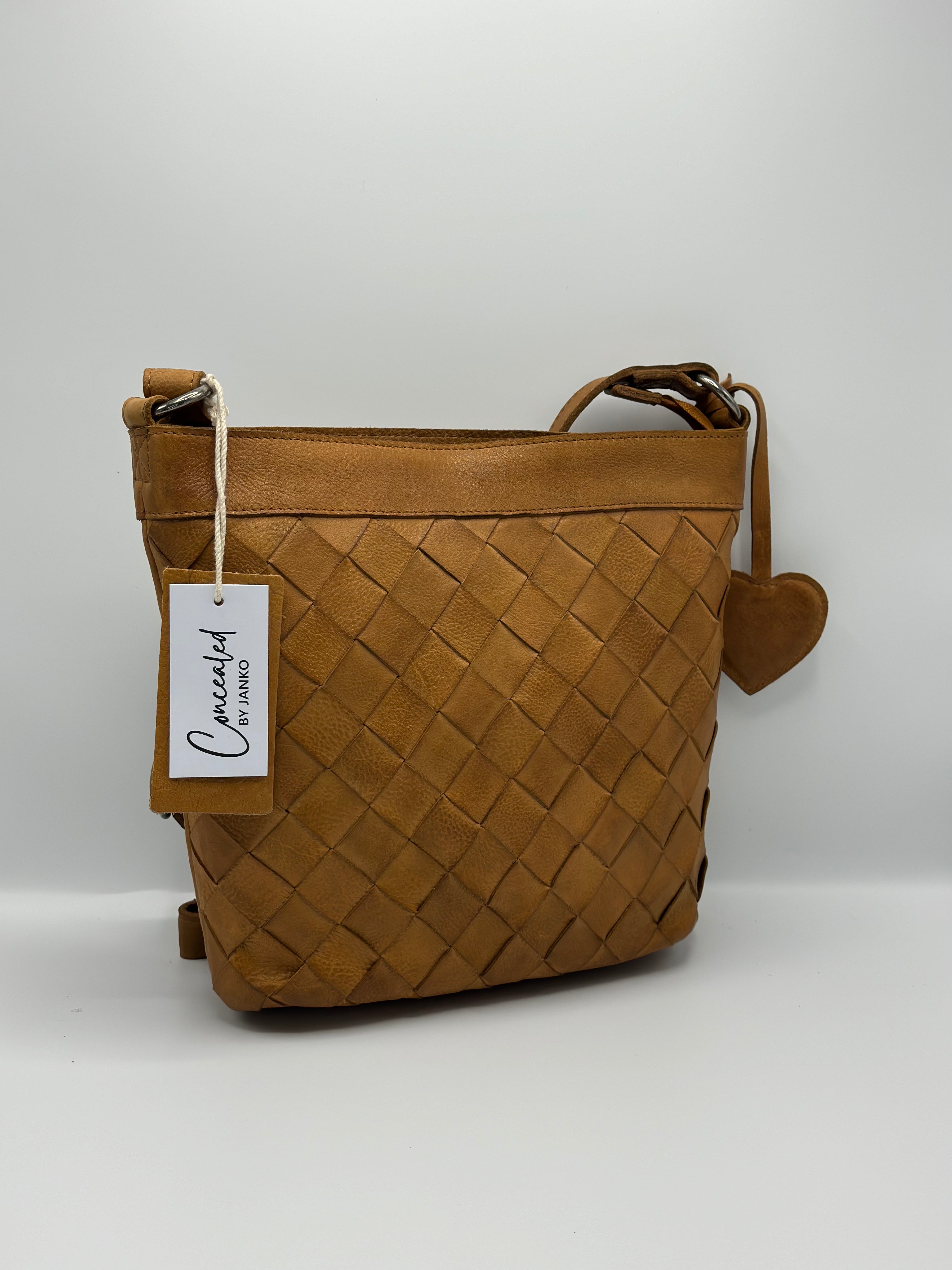 Concealed By Janko Anna #657 Tan Leather Basket Weave Handbag