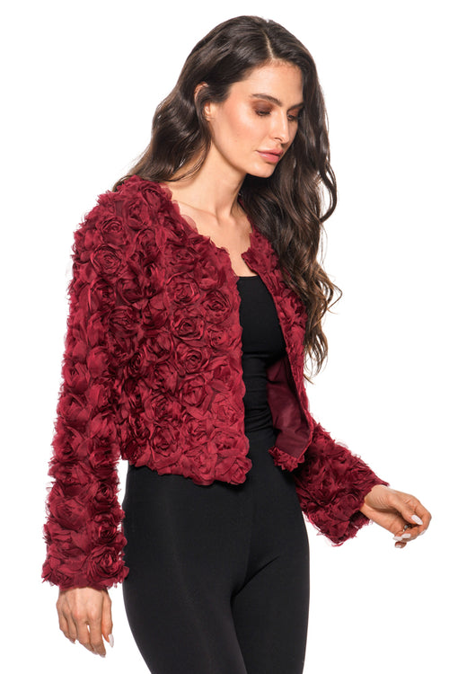 Adore Burgundy Cropped Lace Jacket with Rose Design