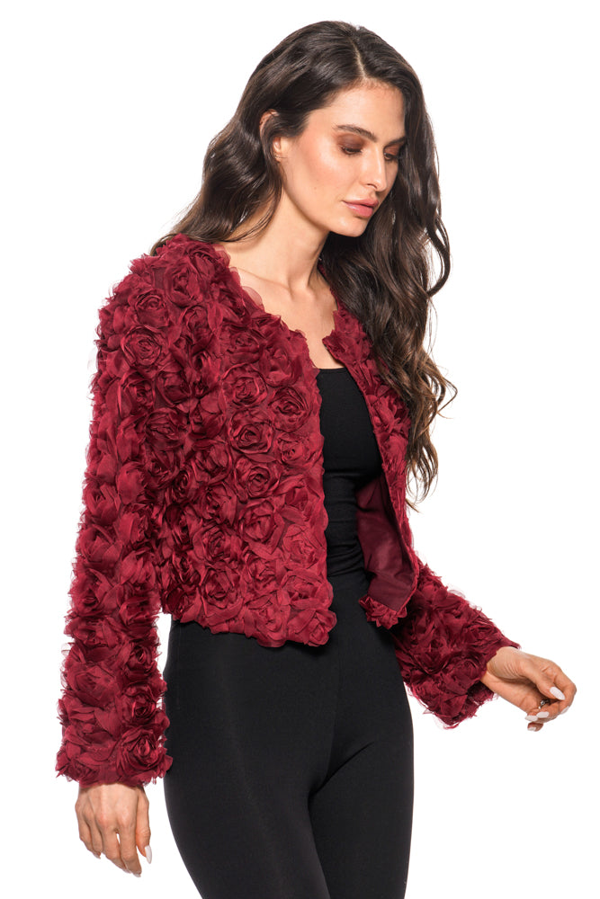Adore Burgundy Cropped Lace Jacket with Rose Design