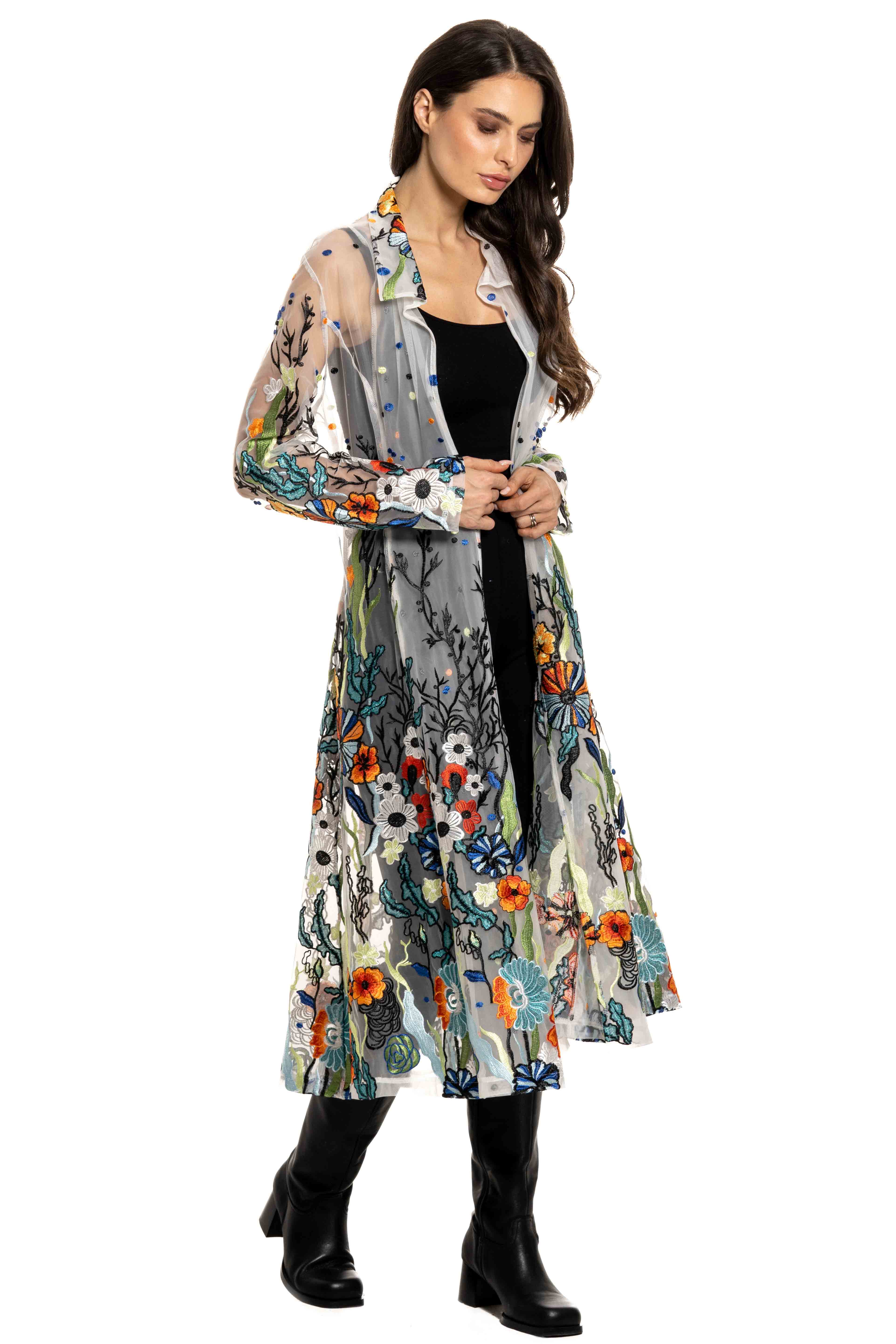 Adore Floral Embroidered Long Duster for Women