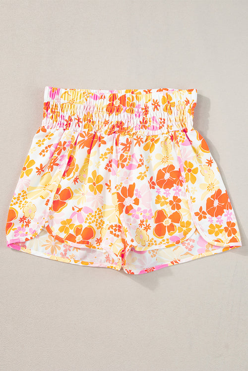 Pink Boho Floral Shirred High Waist Athletic Shorts